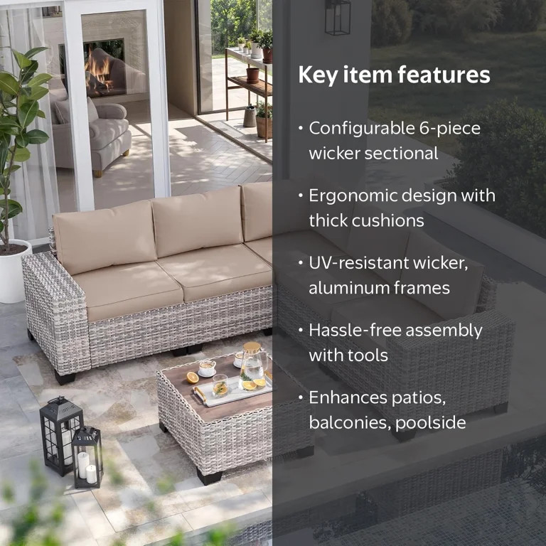 6-Piece Outdoor Patio Furniture Set, PE Wicker Rattan Sectional Sofa Conversation Set with Temper... | Walmart (US)