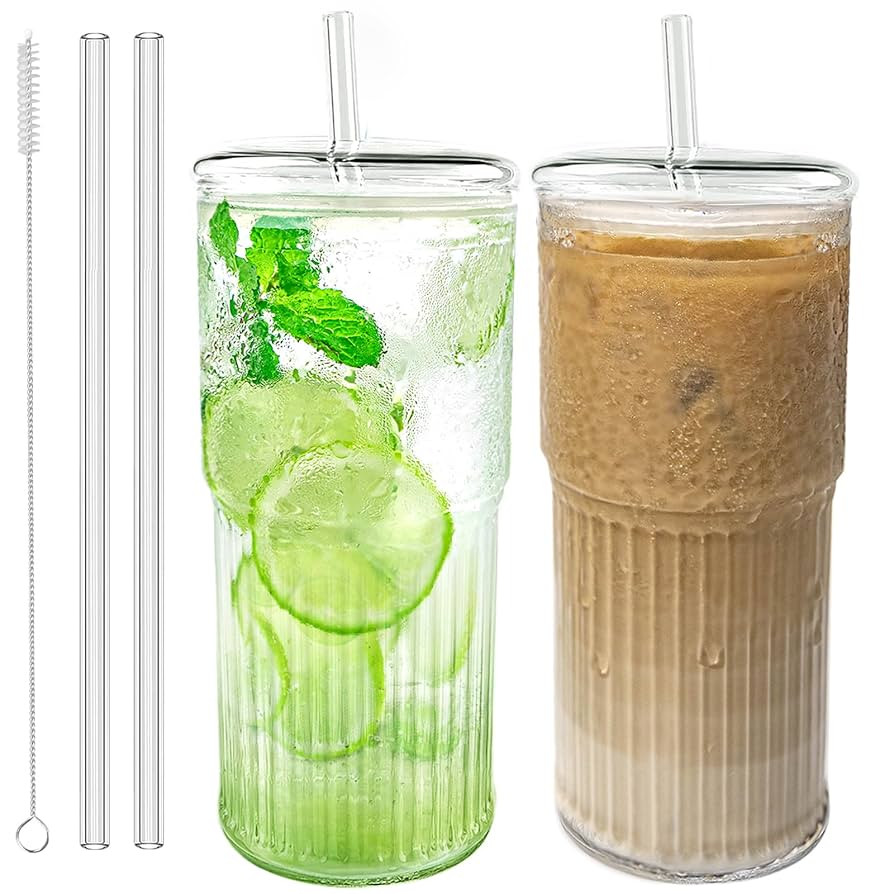 Glass Cups with Lids and Glass Straws, High Borosilicate 20OZ Tumblers (2Pcs) for Coffee, Tea, Ju... | Amazon (US)