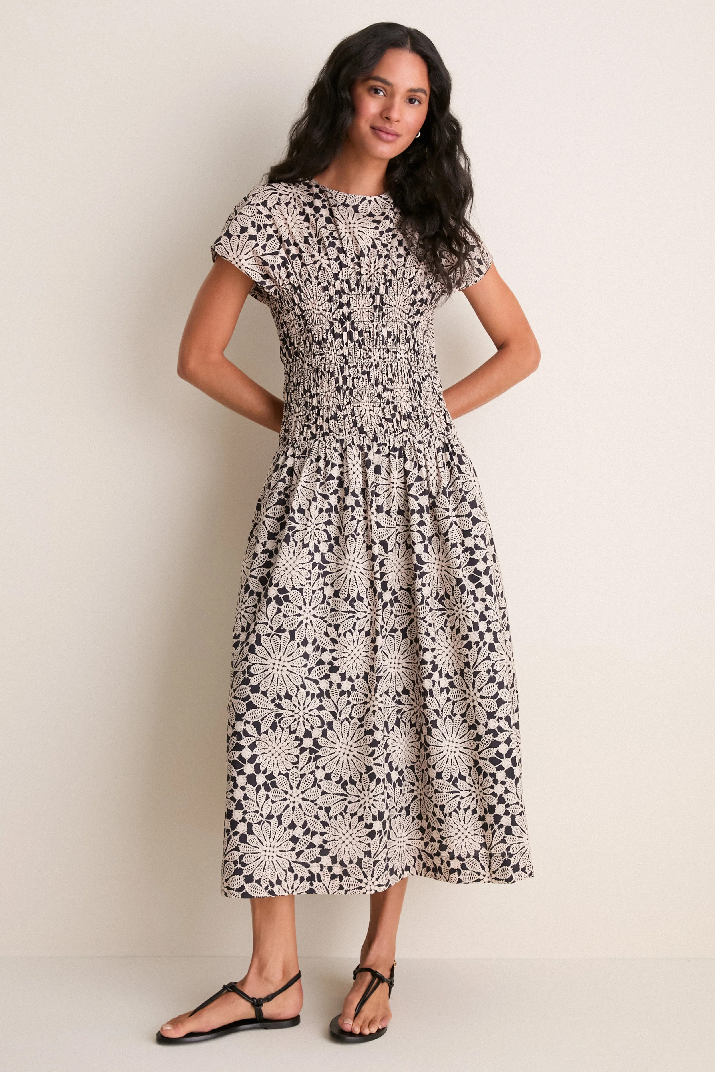 Black & Tan Printed Floral Smocked Rollins Midi Dress | Tuckernuck (US)