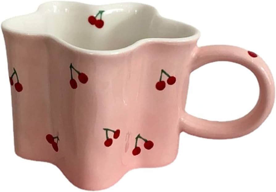 FPlace Women Girls Pink Flower Shape Cherry Mug Ceramic Coffee Mug Water Cup 350ml/12oz Cute Novelty Vintage Gift | Amazon (US)