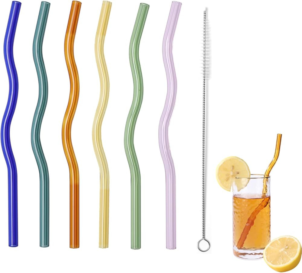 6 Pcs Wavy Glass Straws, 7.87"×8mm Reusable Colorful Glass Straws,Cute Glass Straws,With 1 Clean... | Amazon (US)