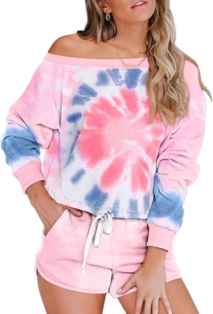 CANIKAT Womens Tie Dye Printed Shorts Pajama Set Long Sleeve Tops Sleepwear Nightwear Loungewear ... | Amazon (US)