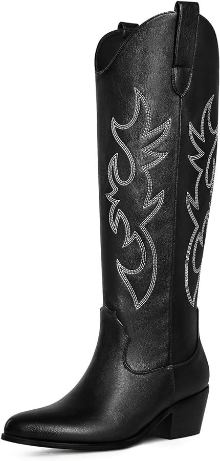 Ouepiano Cowboy Boots for Women Knee High Wide Calf Cowgirl Boots Embroidered Chunky Heels Pointe... | Amazon (US)