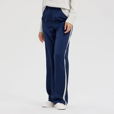 Women's High-Rise Wide Leg Satin Track Pull-On Pants - A New Day™ Navy Blue S | Target