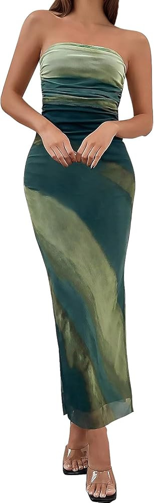 Womens 2025 Strapless Maxi Dress Sexy Printed Slip Side Tube Top Bodycon Long Dress Elegant Forma... | Amazon (US)