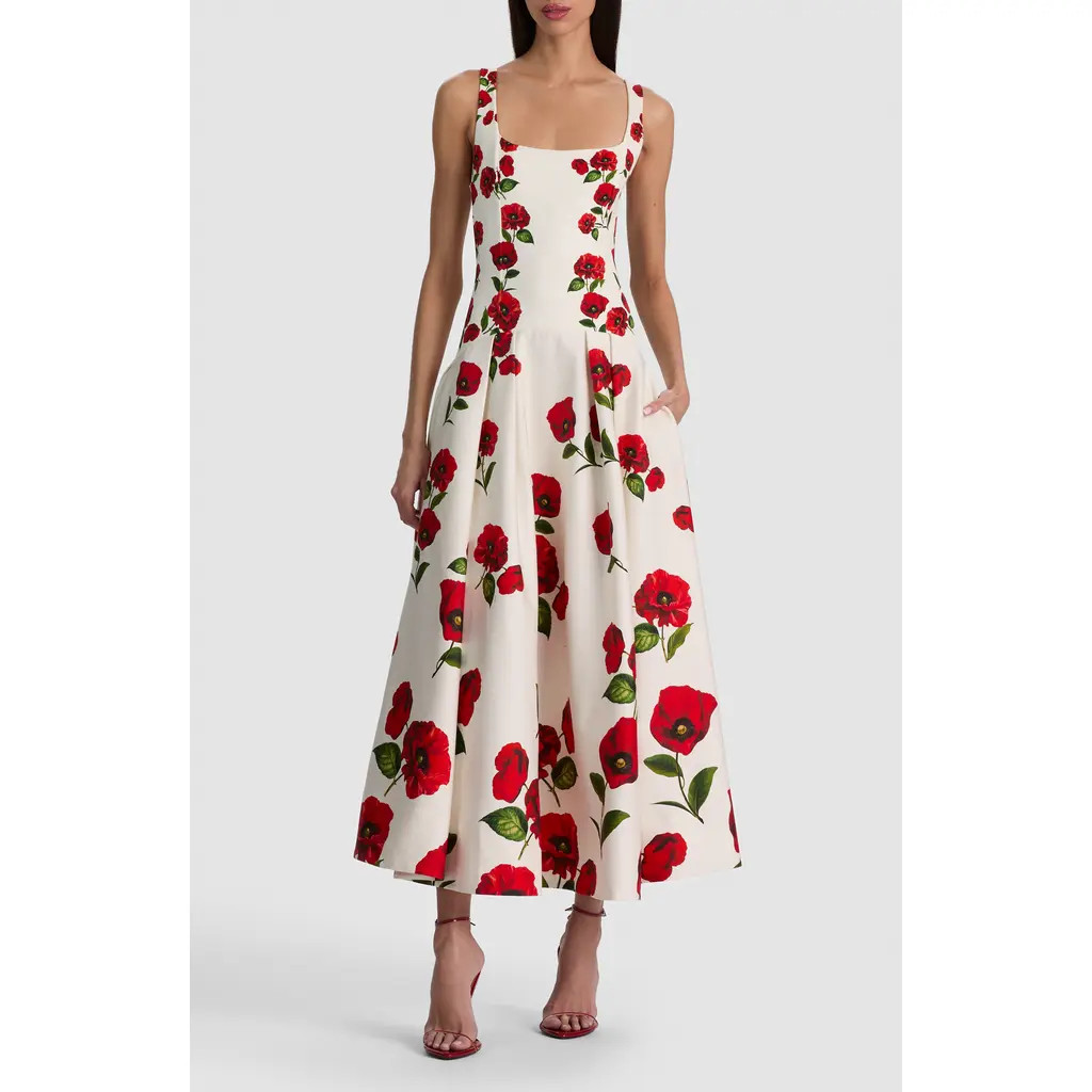 ALICE + OLIVIA Adley Poppy Print Sleeveless Drop Waist Maxi Dress in Summer Poppy at Nordstrom, Size 12 | Nordstrom