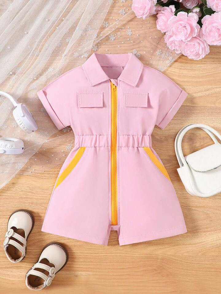 Baby Girl Spring/Summer Casual Color Block Short Sleeve Romper | SHEIN
