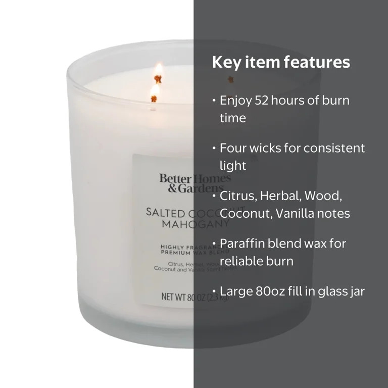 Better Homes & Gardens Salted Coconut Mahogany Scented 4-Wick Large Oversized Jar Candle 80oz. | Walmart (US)
