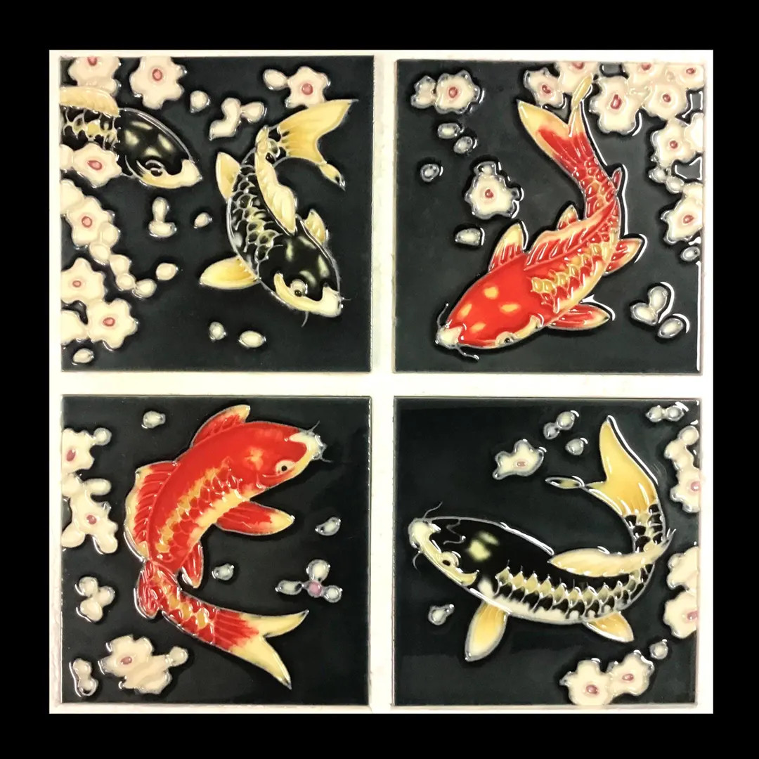 Japanese Koi Fish Cherry Blossom Flower Pond 4 Piece Coasters Set Vintage Handmade Glossy Ceramic... | Etsy (US)