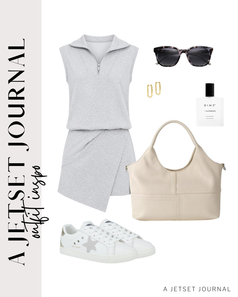A gray 2-piece tennis outfit is also a great choice! Wear this with VINTAGE HAVANA fashion sneakers and a tote bag. These hoop earrings complete the look.

#LTKSeasonal #LTKSaleAlert #LTKTravel
 

 