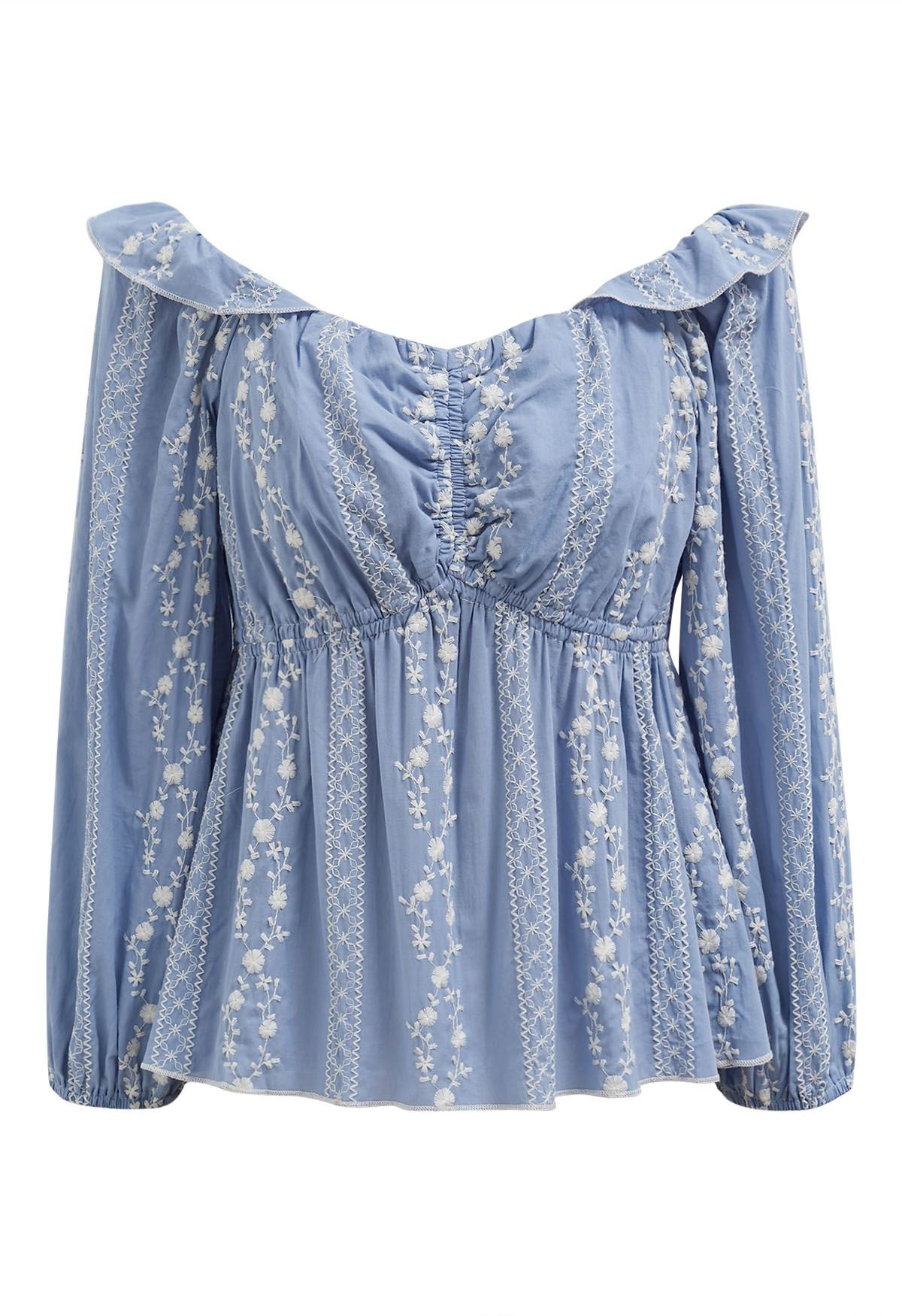 Floret Chain Embroidered Dolly Top in Blue | Chicwish