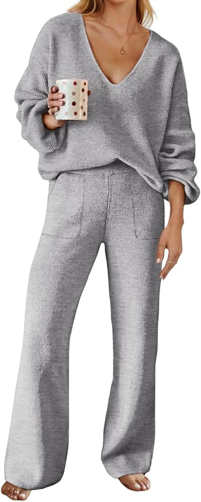 MEROKEETY Women's 2 Piece Outfits Long Sleeve V Neck Knit Pullover Tops and Wide Leg Pant Lounge ... | Amazon (US)
