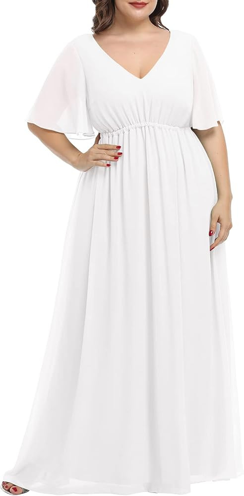Pinup Fashion Women's Plus Size Chiffon Double V-Neck Empire Waist Ball Gowns for Evening Party F... | Amazon (US)