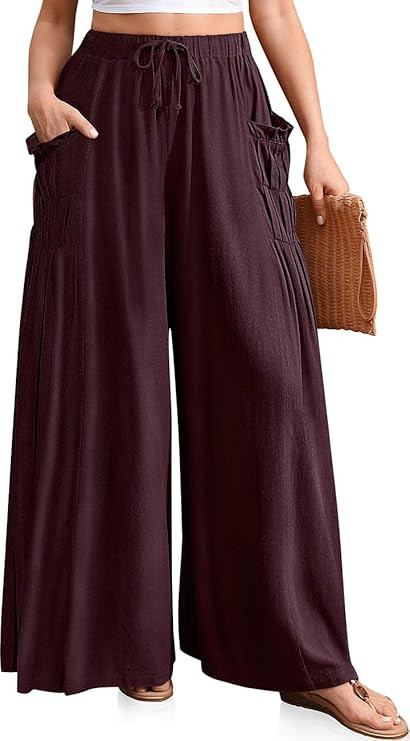 TARSE Women Linen Palazzo Pants Summer Wide Leg Boho Drawstring Casual Lounge Pant Beach Travel V... | Amazon (US)