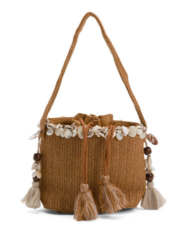 Raffia Reef Seashell Bucket Bag For Women, Leather | TJ Maxx