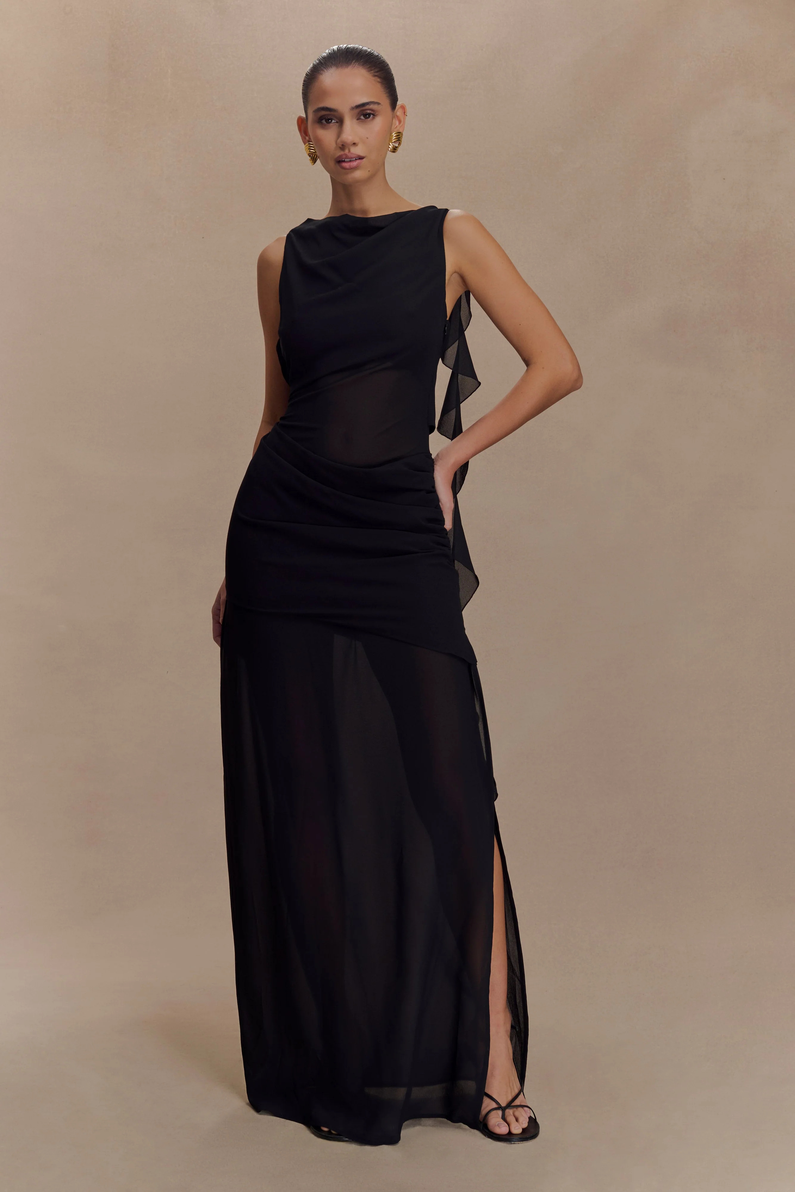 Daria Draped Chiffon Maxi Dress - Black | MESHKI US