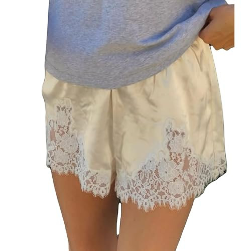 Satin Silk Shorts for Women Y2K Low Rise Lace Trim Micro Mini Shorts Cute Coquette Lounge Pajama Half Slip Bottoms (Champagne,L) | Amazon (US)