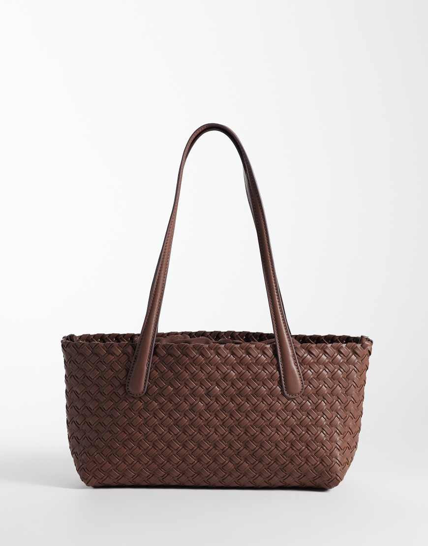 Mango faux leather woven tote bag in brown | ASOS (Global)