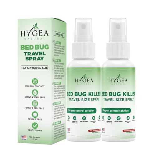 Hygea Natural Lice, Mite, and Bed Bug Killer Travel Spray - TSA Approved 3 oz Size Bottles, Child & Pet Friendly, Stain & Odor Free, for Hotels, Suitcase, Backpack, Shoes, Bed Bug Spray (2 Pack) | Amazon (US)