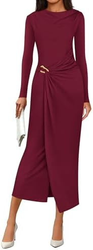 PRETTYGARDEN Women's Fall Wedding Guest Cocktail Midi Dresses Elegant Long Sleeve Bodycon Ruched ... | Amazon (US)