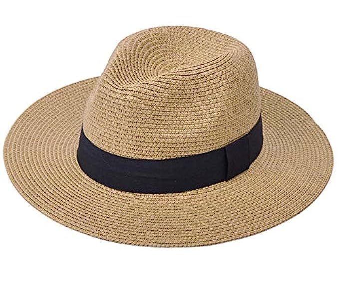 Lanzom Women Wide Brim Straw Panama Roll up Hat Fedora Beach Sun Hat UPF50+ | Amazon (US)