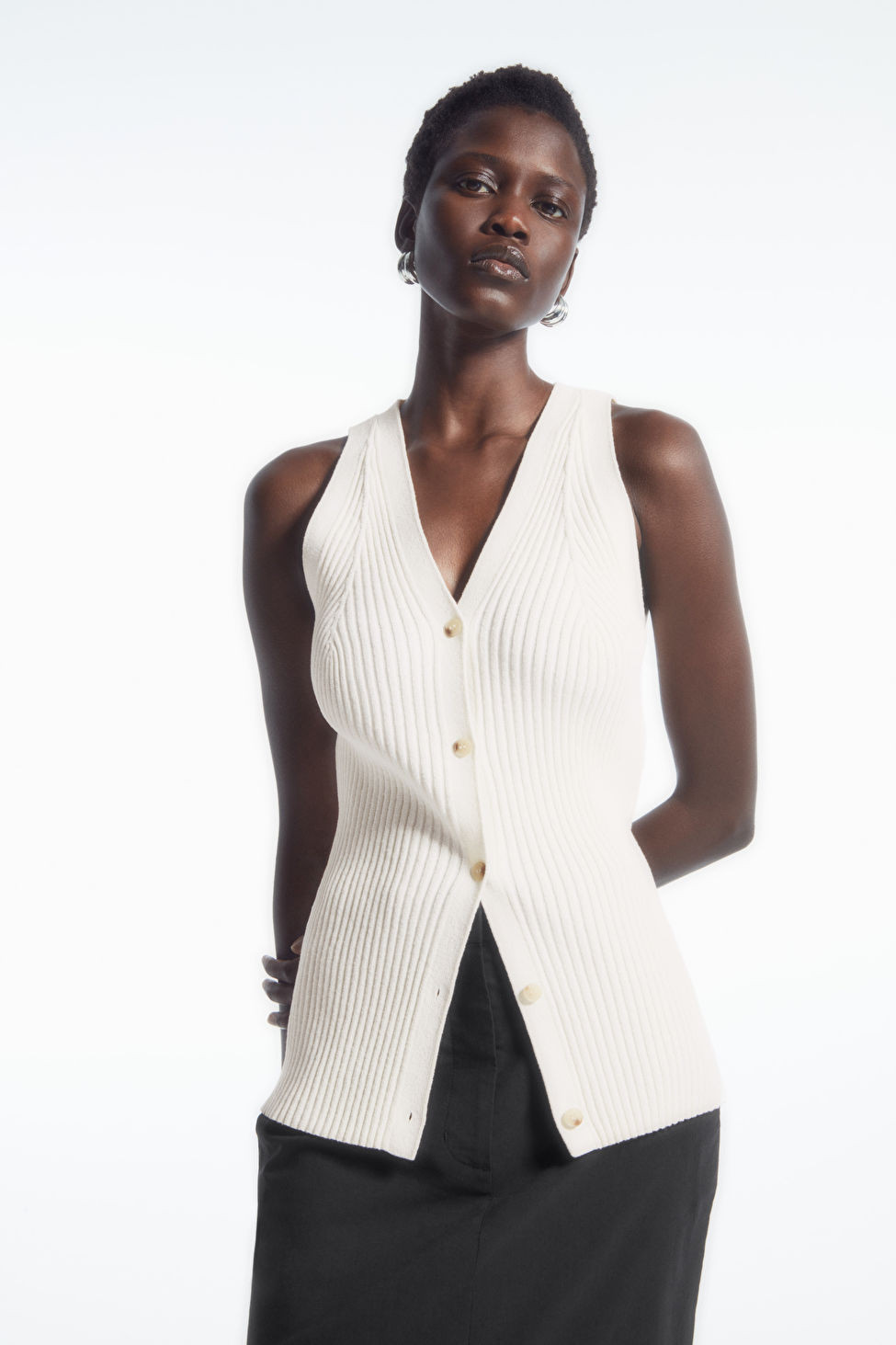 RIB-KNIT V-NECK WAISTCOAT - IVORY - COS | COS UK