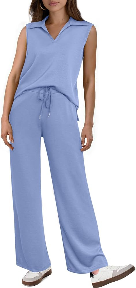 Glamaker Women's 2 Piece Outfits Summer Sleeveless Tops Wide Leg Pants Lounge Set Sweatsuits Trac... | Amazon (US)