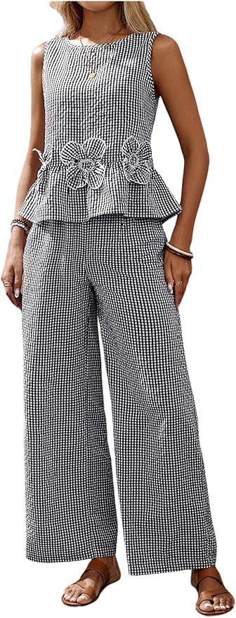 GORGLITTER Women's Gingham Matching Set 3d Floral Ruffle Peplum Tank Top and Wide Leg Pants Boho ... | Amazon (US)