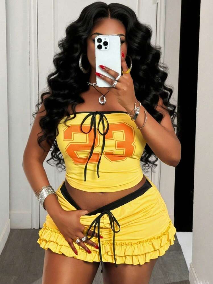 Slaydiva 2pcs 2025 Spring/Summer New Streetwear & Sexy Style, Yellow Contrast Black Trim, No.23 Graphic, Fitted Bustier With Decorative Drawstring And Multi-Layer Ruffle Hem Mini Skirt, Plus Size Ladies 2 Pieces Set | SHEIN