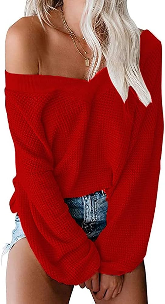 Tobrief Women's V Neck Long Sleeve Waffle Knit Tops Off Shoulder Oversized Pullover Sweater | Amazon (US)