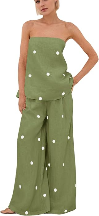 Women Polka Dot 2 Piece Outfits Spot Strapless Tube Top High Waist Wide Leg Pants Casual Lounge S... | Amazon (US)