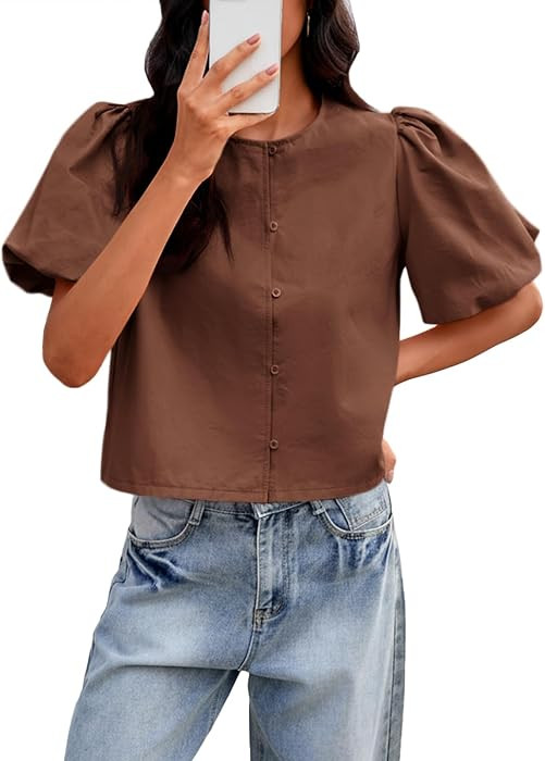 Tankaneo Womens Cropped Tops Puff Sleeve Casual Button Down Shirts Blouse | Amazon (US)