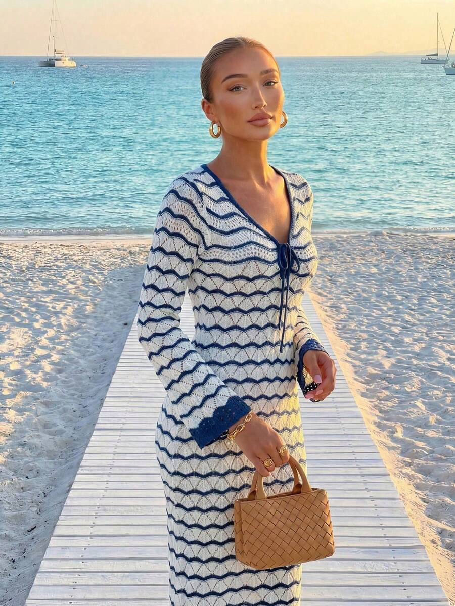 FOR BEAUTY Women's Spring/Summer New Hollow-Out Long Sleeve Cover-Up Dress, Casual Vacation Style... | SHEIN