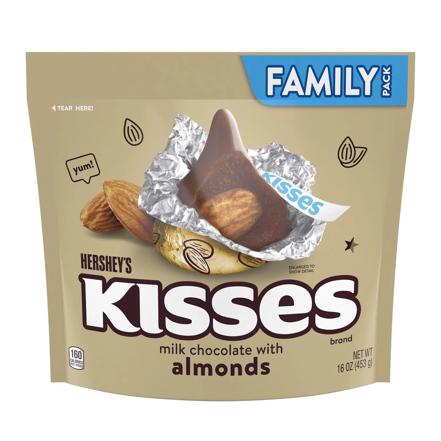HERSHEY'S, KISSES Milk Chocolate with Almonds Candy, Individually Wrapped, 16 oz, Family Pack - W... | Walmart (US)