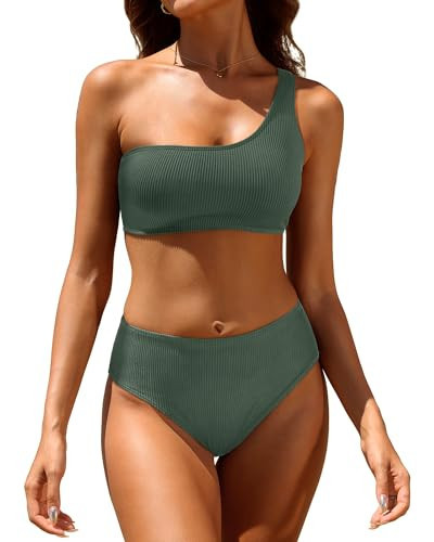 Tempt Me Women Olive Green Two Piece Swimsuits Ribbed One Shoulder Bikini Sets Mid Waist Bathing Suit XS | Amazon (US)