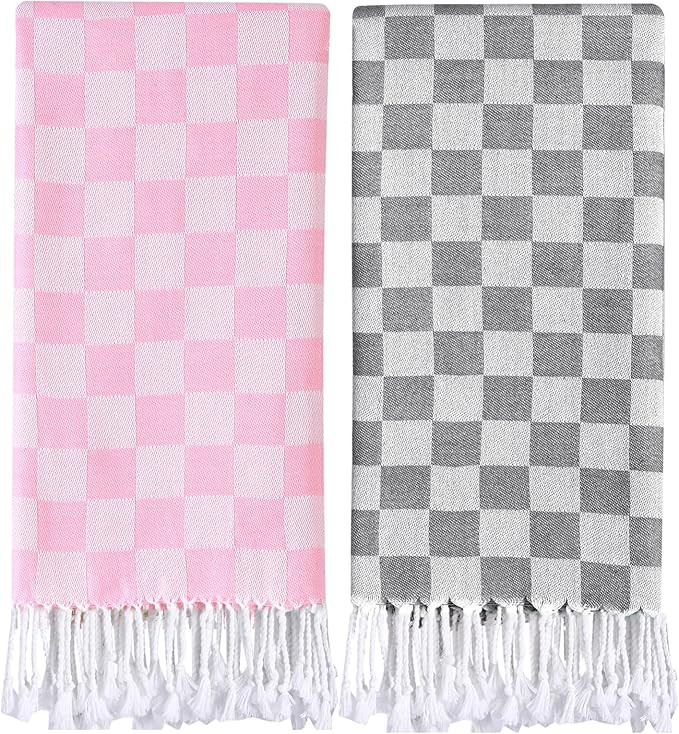 Checkered Plaid Cotton Turkish Beach Towels Extra Large Sand Proof Soft Absorbent Long Wide Sandl... | Amazon (US)