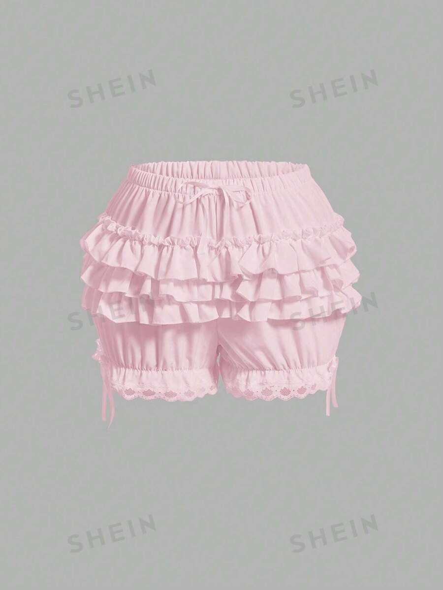 ROMWE Kawaii Solid Color Elastic Waistband Lace Patchwork Sweet Shorts With Ruffled Trim | SHEIN
