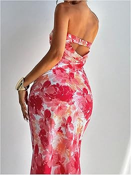 GORGLITTER Women's Floral Dress Ruched Strapless Bodycon Maxi Dresses | Amazon (US)