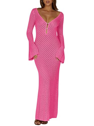 Saodimallsu Womens Crochet Maxi Cover Up Dress Beach Swim Vacation Coverups Long Sleeve Sexy Bodycon Summer Knit Dresses | Amazon (US)