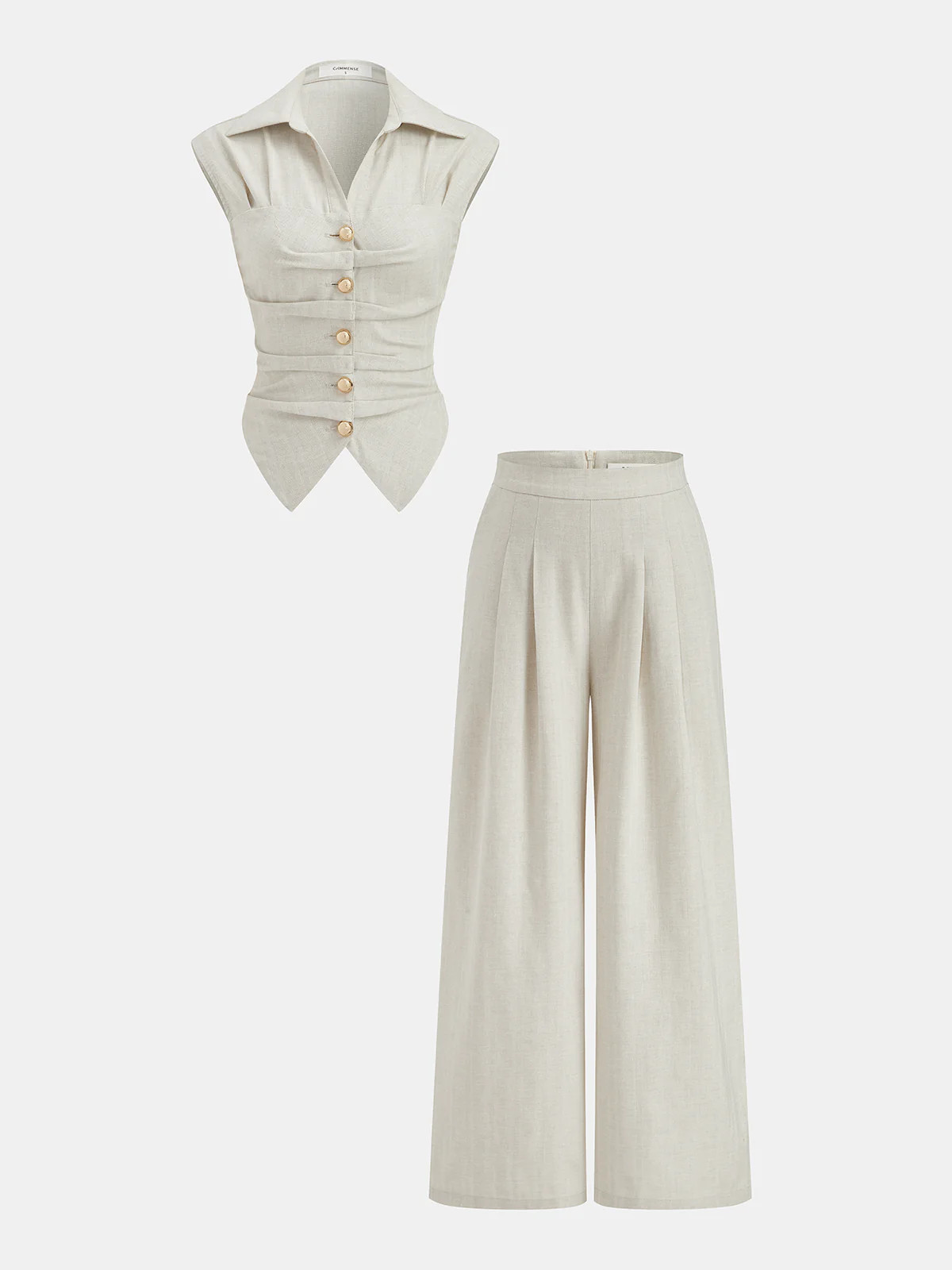 Cotton Linen Sleeveless Top & Pleated Pants Set | Commense