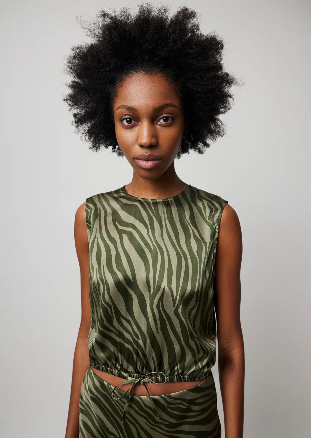 Silk Charmeuse with Zebra Stripe Sleeveless Top - Army Combo | ATM Collection
