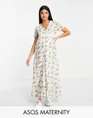 ASOS DESIGN Maternity lace insert button up maxi tea dress in floral print | ASOS (Global)