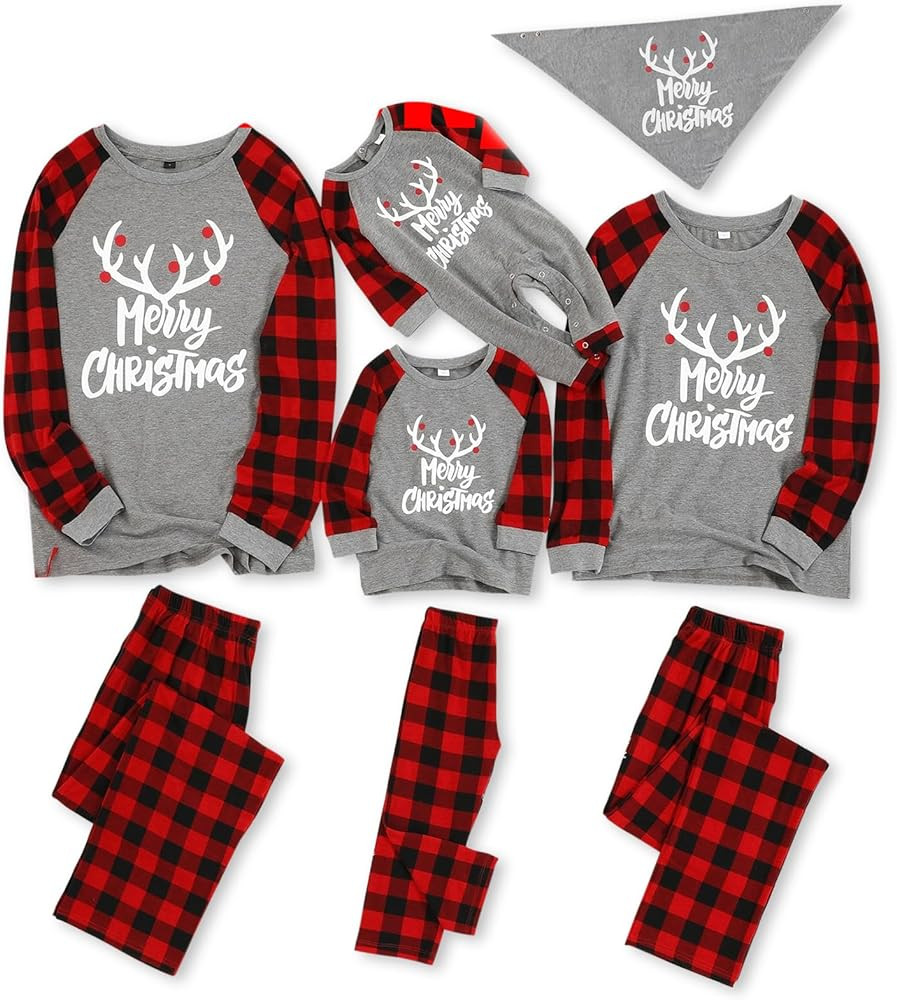 IFFEI Matching Family Pajamas Sets Christmas PJ's with Letter and Plaid Printed Long Sleeve Tee a... | Amazon (US)