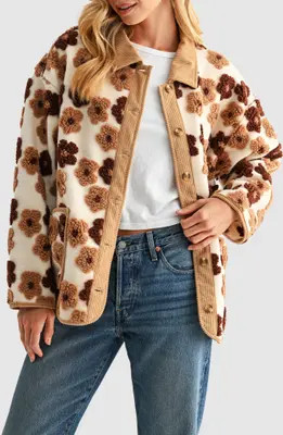 All in Favor Floral High Pile Fleece Jacket in Black White at Nordstrom, Size Large | Nordstrom