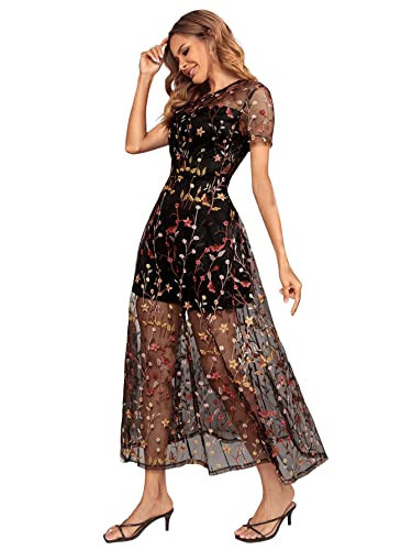 SweatyRocks Women's Sheer Mesh Embroidery Dress Floral Short Sleeve Dress A Line Long Dresses | Amazon (US)