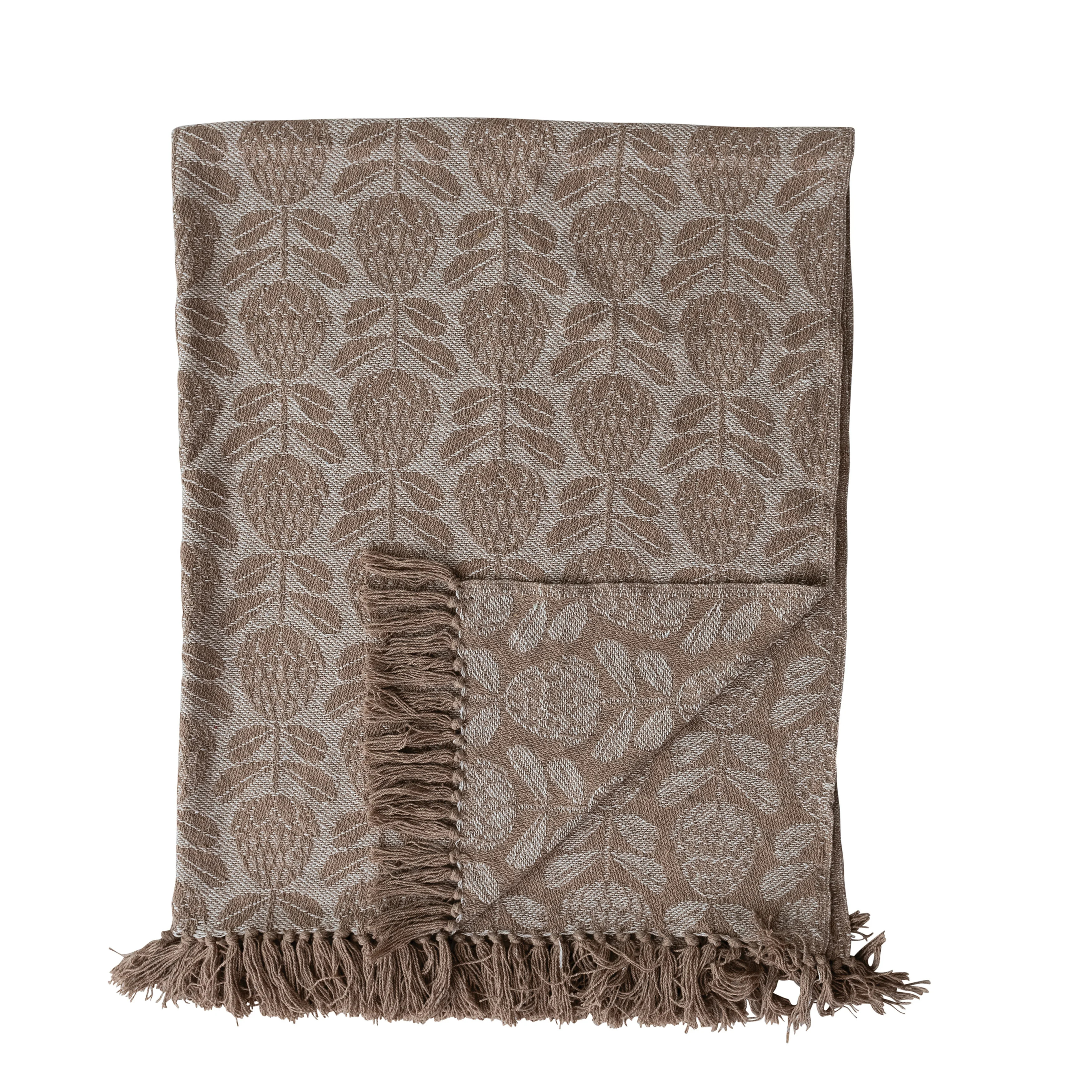 Woven Cotton Blend Jacquard Throw With Floral Pattern And Fringe | Wayfair North America
