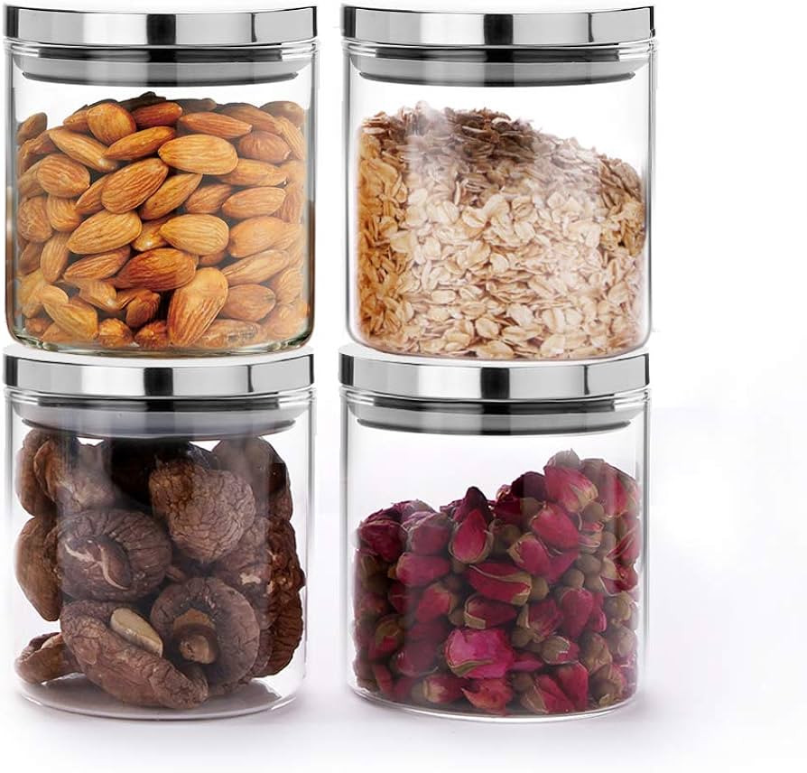 SIXAQUAE Glass Food Storage Containers Jar Stainless Steel Lids 4 Packs 600ml Airtight Canister O... | Amazon (US)