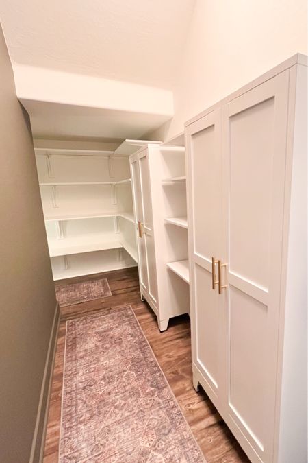 Closet makeover!! Pantry cabinet with gold handles, semi flush mount ceilings light gold, modern farmhouse lighting, vintage style rugs 

#LTKfindsunder100 #LTKfindsunder50 #LTKhome