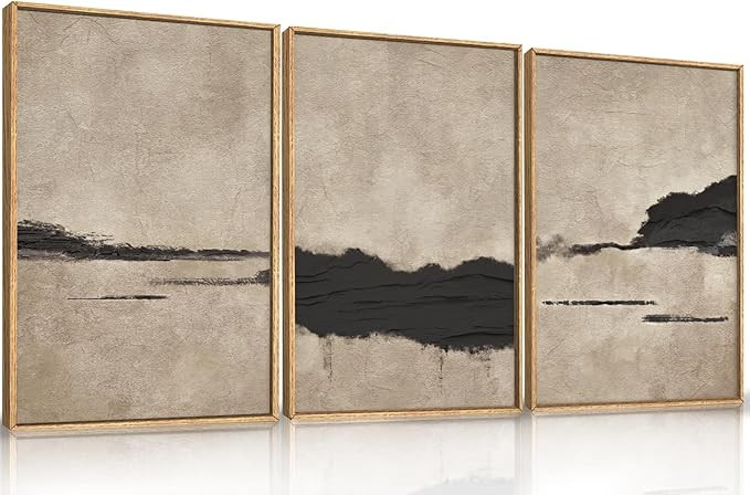 Large Abstract Black and Tan Framed Canvas Wall Art,Vintage Minimalist Wall Decor,Neutral Brush S... | Amazon (US)