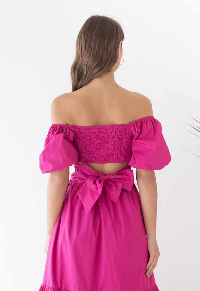 Off-Shoulder Bowknot Crop Top and Flare Skirt Set in Magenta | Chicwish